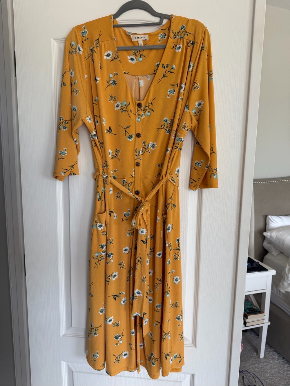 Monteau Los Angeles Mustard Floral Midi Dress with Tie Waist 2x